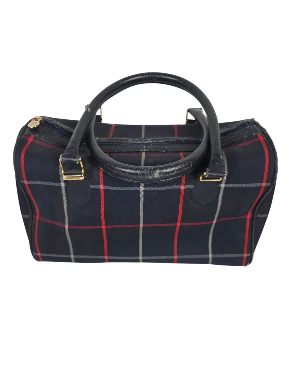 Burberrys Nova Check Toiletry Bag Vintage Leather Trim Navy Red Plaid